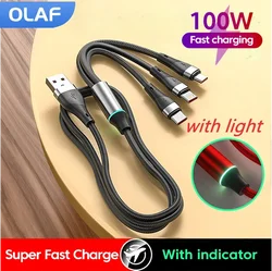 Olaf 100W 3 in 1 USB Fast Charging Cable For Iphone Huawei 6A Type C Charging Data Cable Multi Port Micro USB Charging Wire