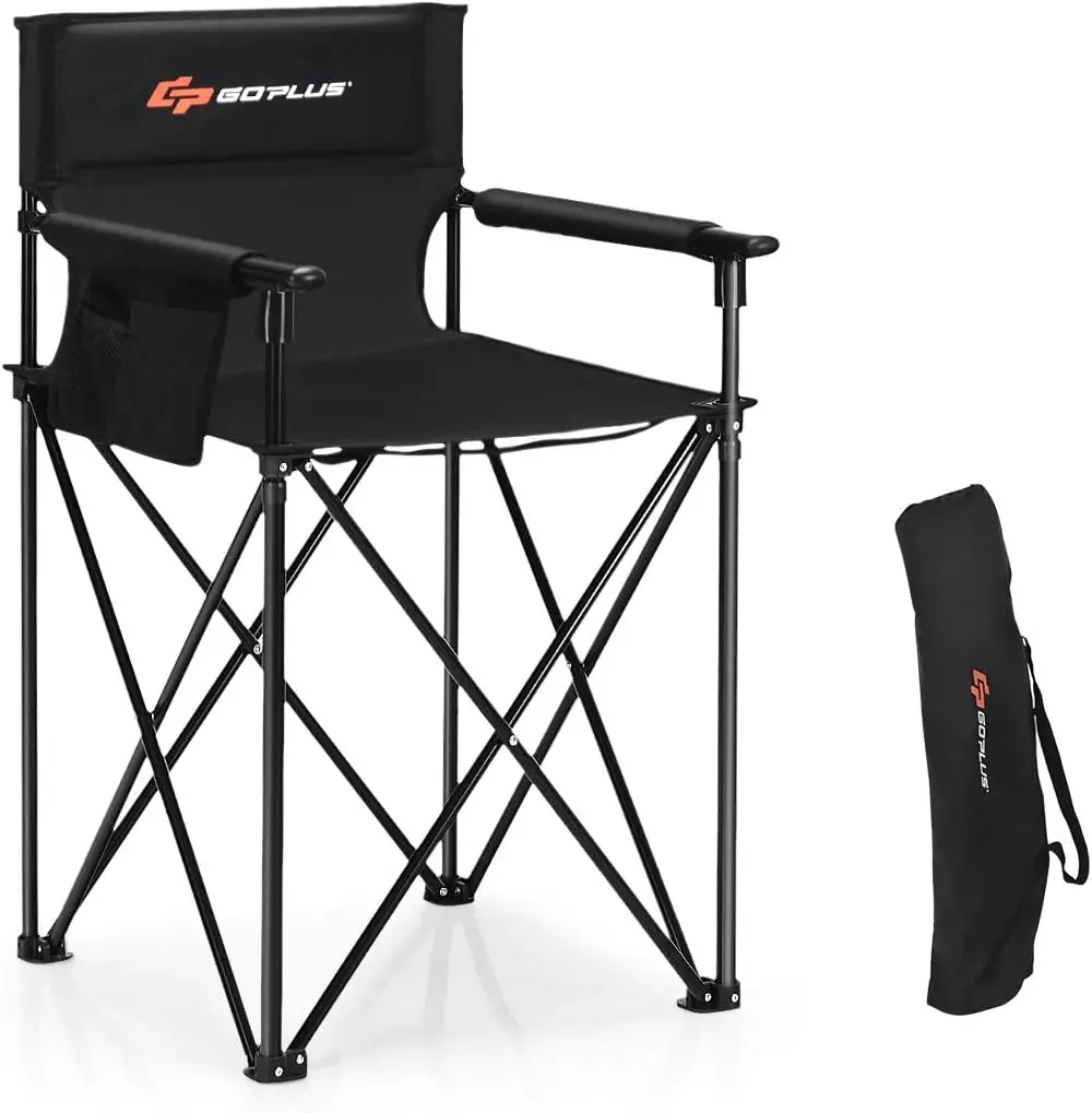 Folding Camping Chair, Outdoor Portable Beach Chair Heightened Design w/Detachable Armrests, Storage Pouches & Carrying Bag