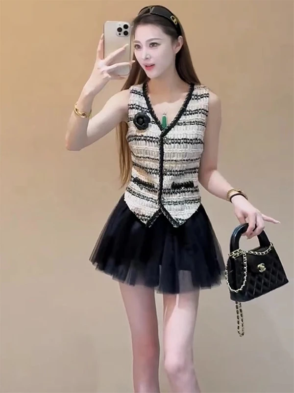 

Retro Fraance Sle Women's Vest ort Outerwear Thin High-End Aosphere Svel oulder Pad Top Summer Commute Slim Fit