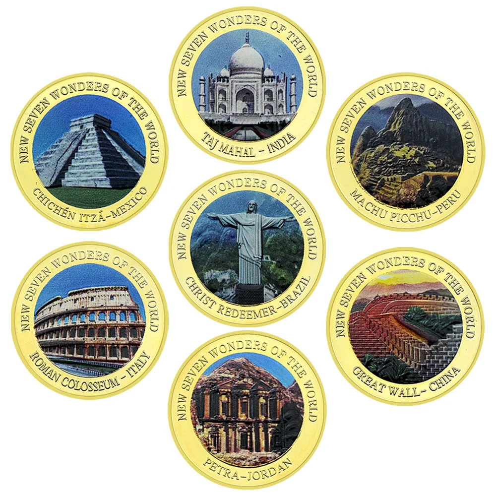 Seven Wonders of The World Collectible Coin Golden Plated Color Printing Great Buildings Souvenir Coins