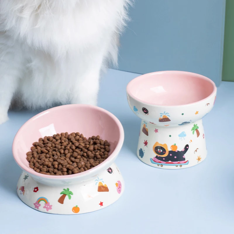

Creative Ceramic Drinking Water Food Tall footed Bowl Anti Overturning Neck Protection Large caliber, Cat Bowl Pet Supplies, 1Pc
