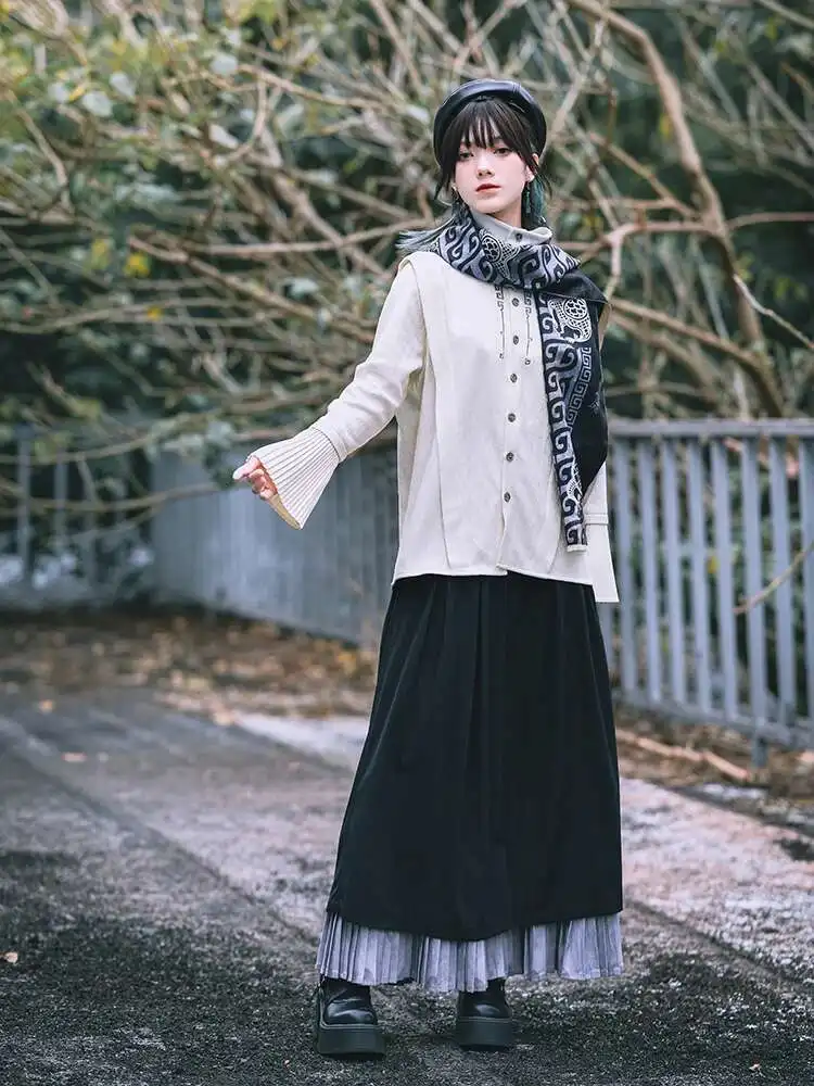 

Новые двухслойные плиссированные широкие юбки и брюки в китайском стиле с элементами хань, черные тонкие брюки с высокой талией