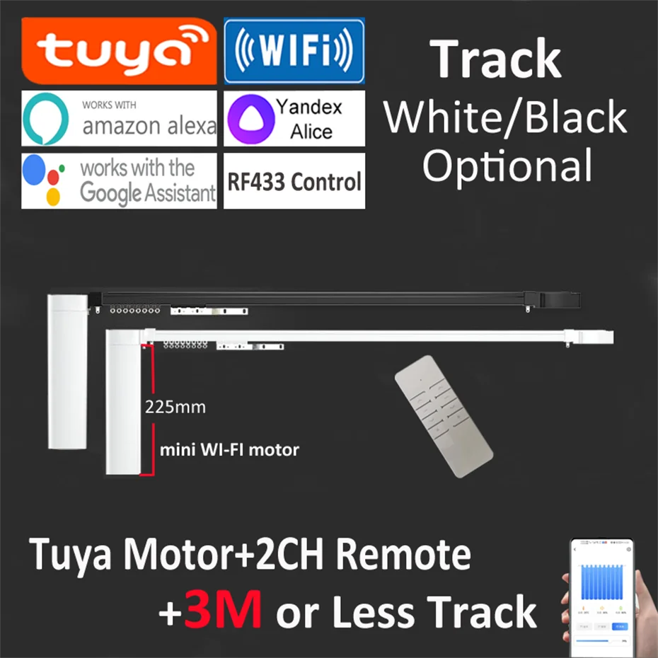 

Short Tuya Wifi Electric Smart Curtain Motor 225mm+3M Rod or Less,Intelligent Voice Control Alexa Google Assist Alice,RF433