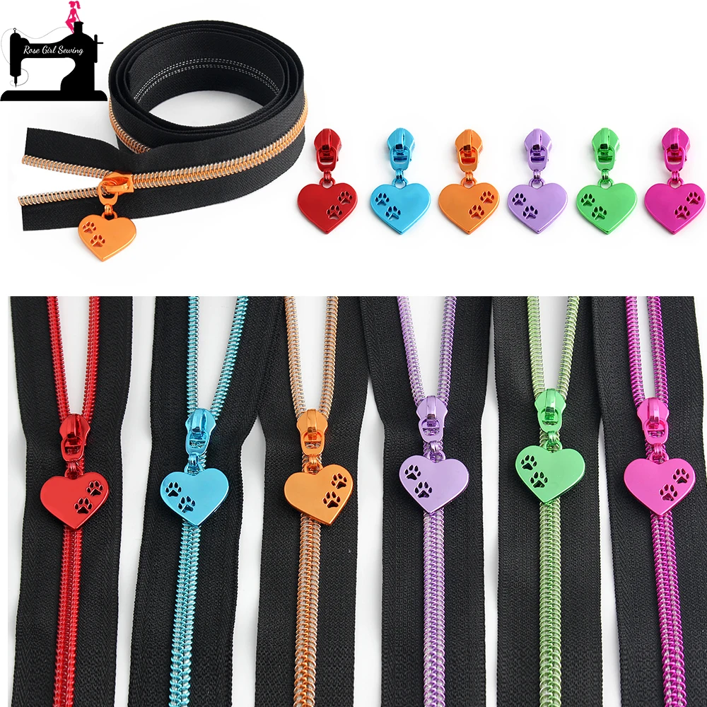 

1/5sets Heart Cat Paw Shape 5# Nylon Zippers For Backpack Purse Clothes Bags Plastic Coil Zip Tape Puller Head Decor Accessories