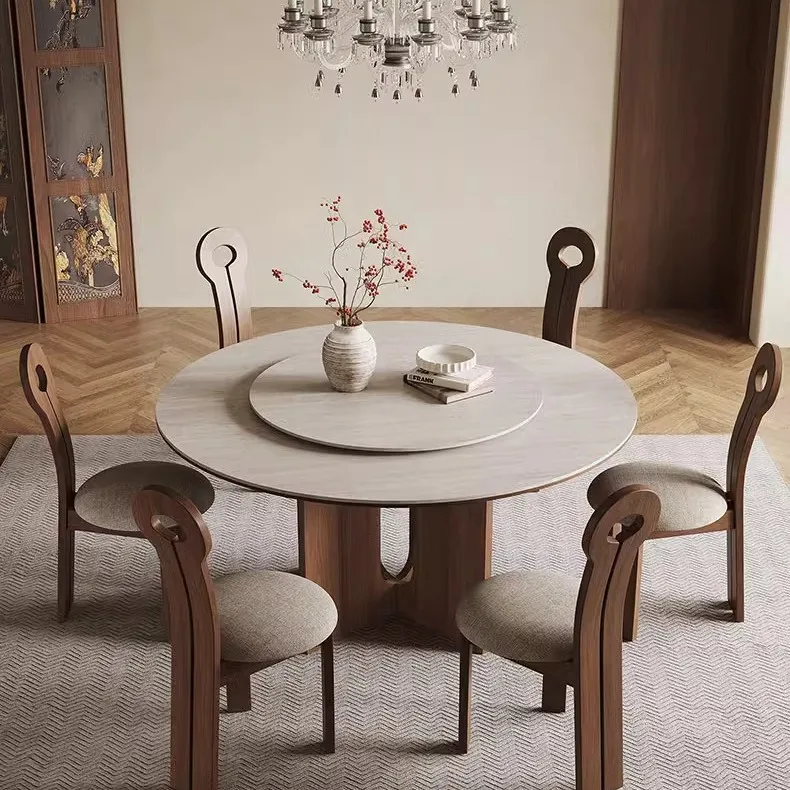 

Retro wind travertine rock slab round table household round dining table Internet celebrity black walnut round dining table
