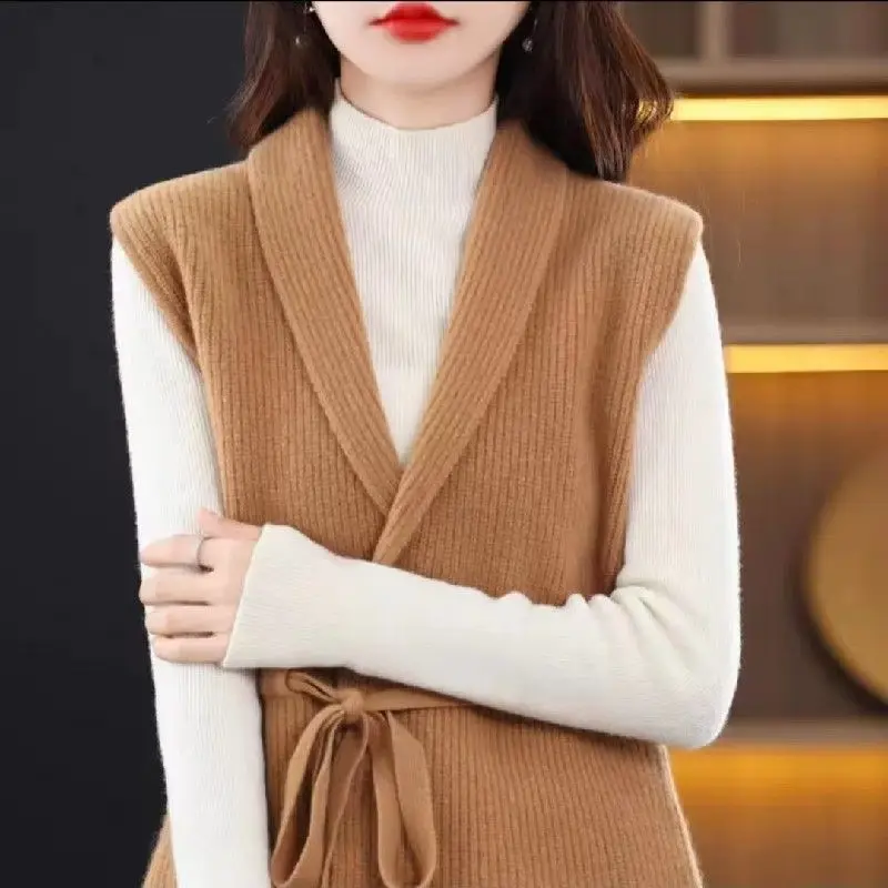 Knitted vest women 2023 new spring and autumn drawstring sweater vest loose outer cardigan camisole trendy tops