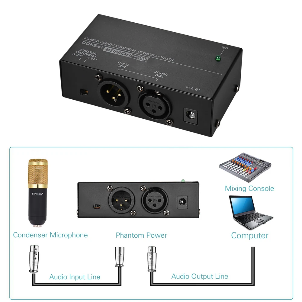 

PS400 Phantom Power Micropower Universal Microphone Phantom Power Supply 12V/48V Ultra-compact Condenser Input -110-240V Output