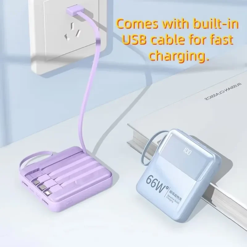 20000mAh Power Bank 66W Fast Charging with Built-in USB Cable Compact Portable External Battery for Phone Tablet