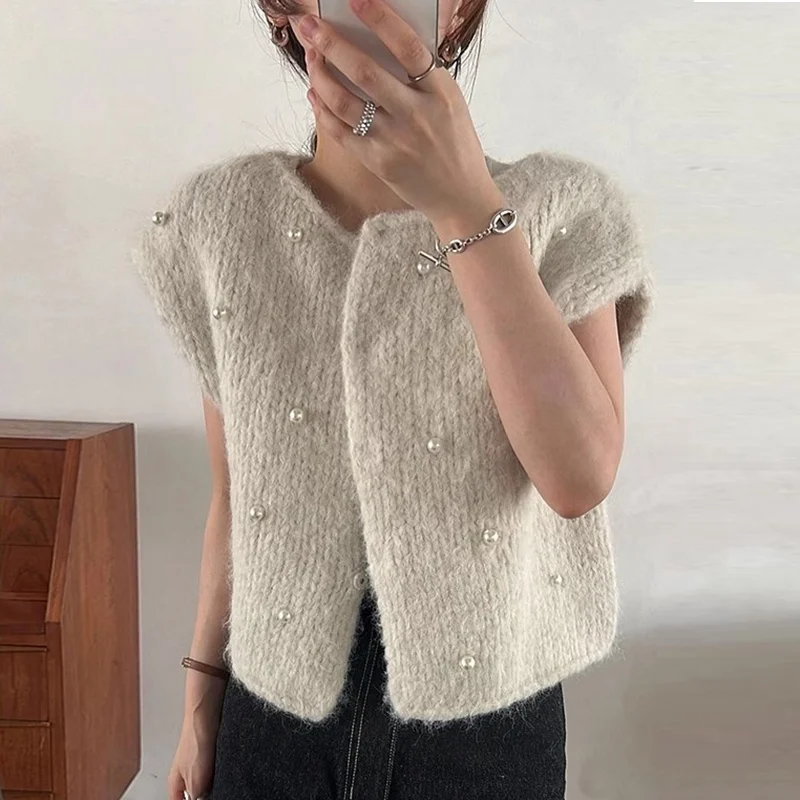 Chique outono inverno colete de malha pesado embelezado redondo ne solto outerwear feminino facionable commute sle sem marca