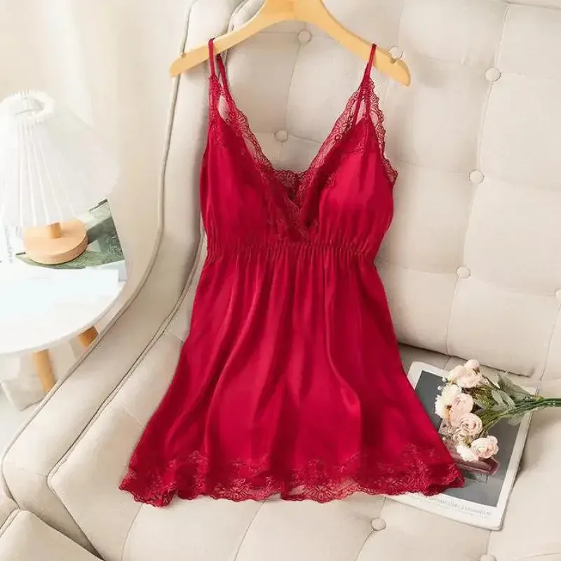 

Summer Suspender Sleepdress Sexy Lace Nightgown Women Robe Dressing Gown Lady Lingerie Satin Nighty Dress Sleepwear Loungewear d