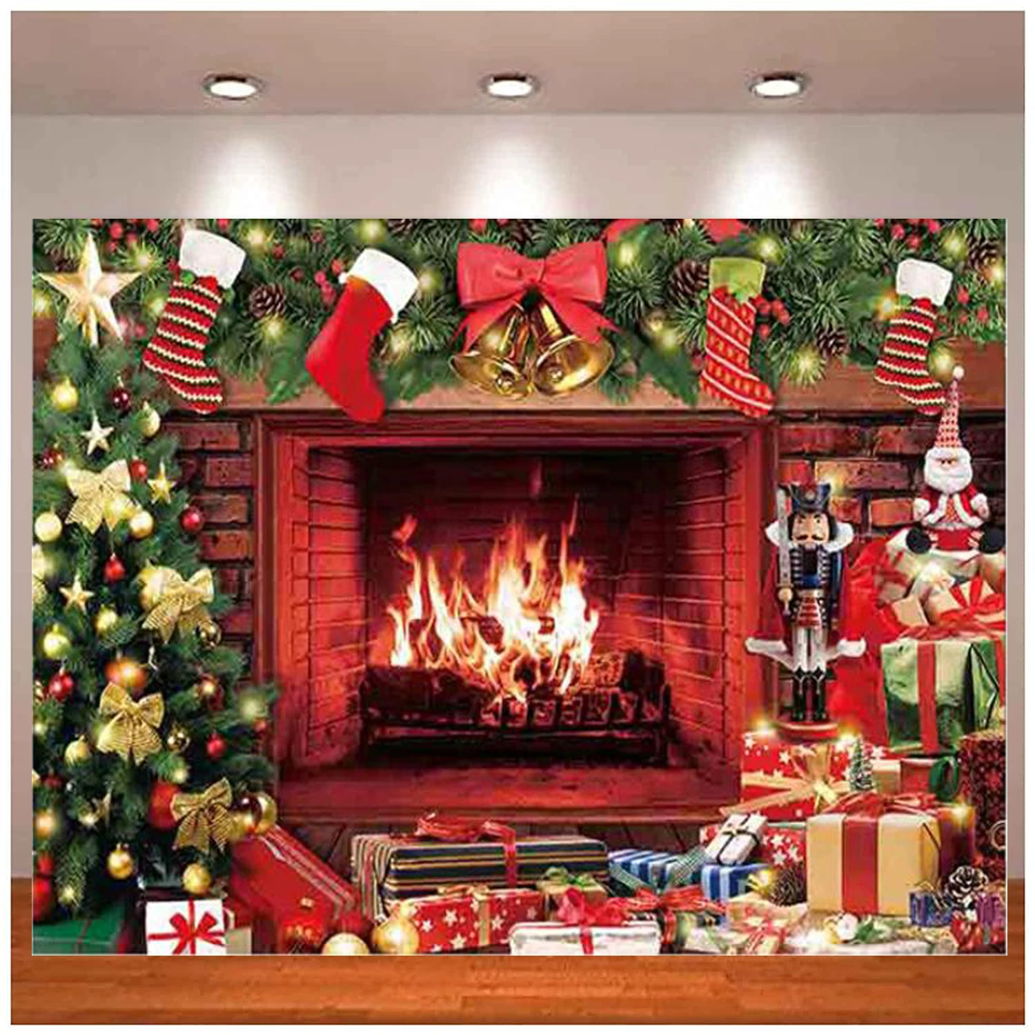 

Christmas Fireplace Photography Backdrop Interior Vintage Red Brick Wall Xmas Tree Stockings Nutcracker Background Party Decor