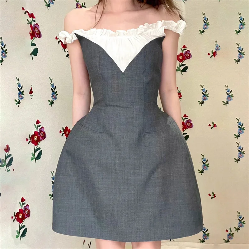 

Women's dress 2025 summer New color blocking patchwork mini dress Wool blend sleeveless short dresses A-line dress party dresses