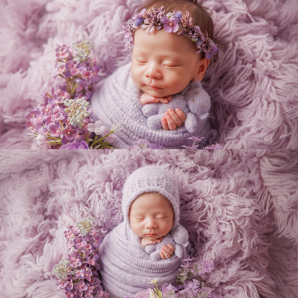 

Newborn Photography Props Knitted Wool Wrapping Crochet Hat Bear Doll Set Headdress Baby Photographer Studio Purple Wrap Theme