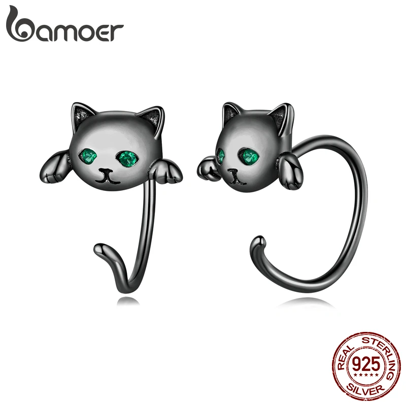 Bamoer 925 Sterling Silver Cute Tail Stud Earrings for Women 4 Colors Mini Cat Ear Studs Animal Fashion Fine Jewelry Party Gift