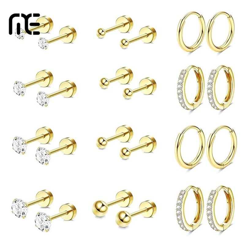 12 Pairs Flat Back Earring Stud,Tiny Stainless Steel Earrings Set for Multiple Piercing Cartilage Hoop Earrings