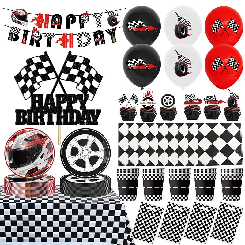 Decoración de Cumpleaños con Temática de Carreras, Vajilla de Papel, Vasos, Platos, Servilletas, Mantel, Globos para Niños