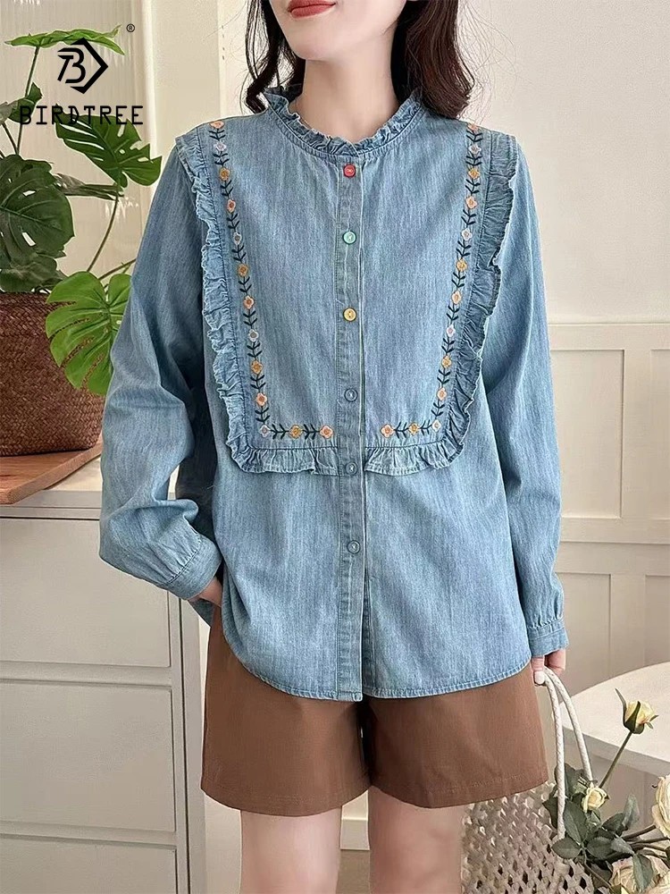 

Новая женская джинсовая рубашка с длинным рукавом Весна 2026, с рюшами и цветочной вышивкой, в стиле Mori Girl, милый японский стиль, свободная блузка INS T61882CC