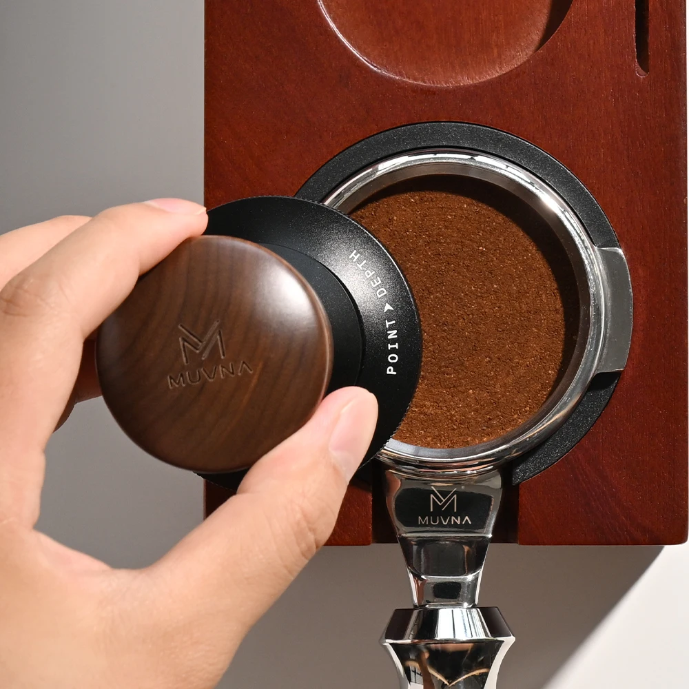 MUVNA Stepless Adjustable Espresso Tamper 51mm 53mm 58.35mm Self-Leveling Coffee Tamper Walnut Handle 304 Stainless Steel Ripple