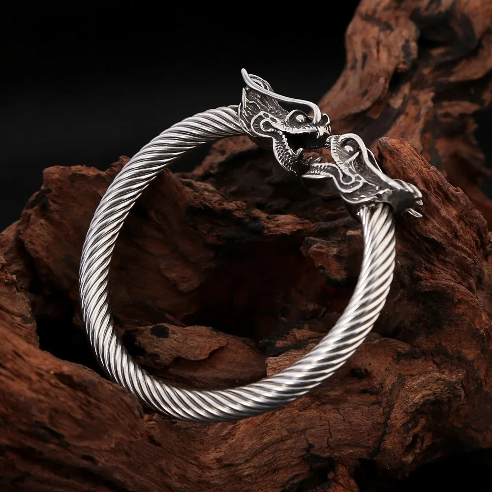 Vintage Double Dragon Head Stainless Steel Open Cuff Bangle Chinese Mythology Dragon Amulet Unisex Fashion Jewerly Accessories