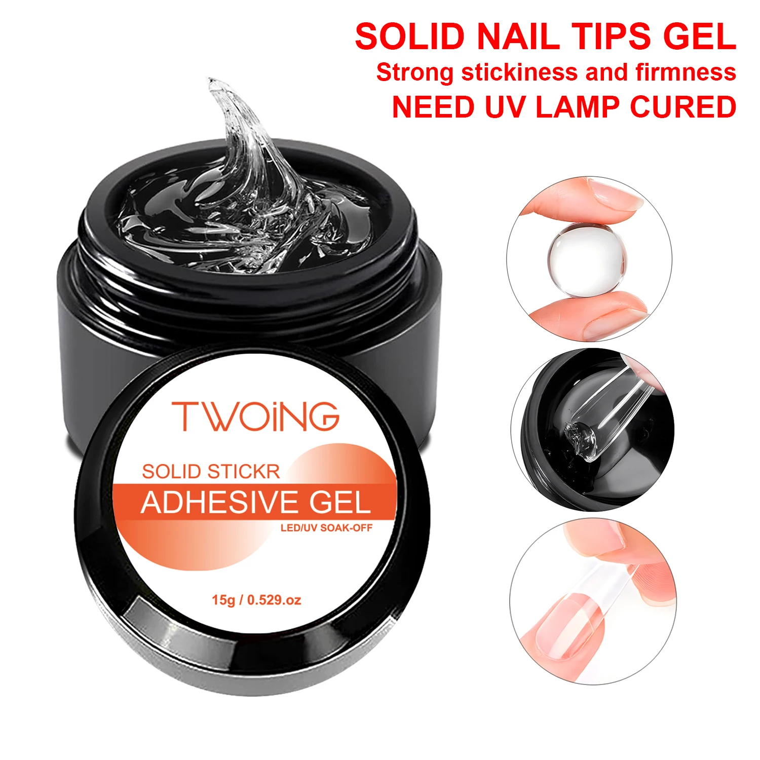 TWOING 15 g multifunktionales, festes Nagelspitzen-Gel – Antihaft-Handnagelgel, Strass-Gel für DIY-Maniküre zu Hause, langlebig
