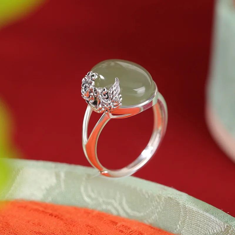 Natural Hetian S925 Sterling Silver Ring with and Peony Motif, Jade Look