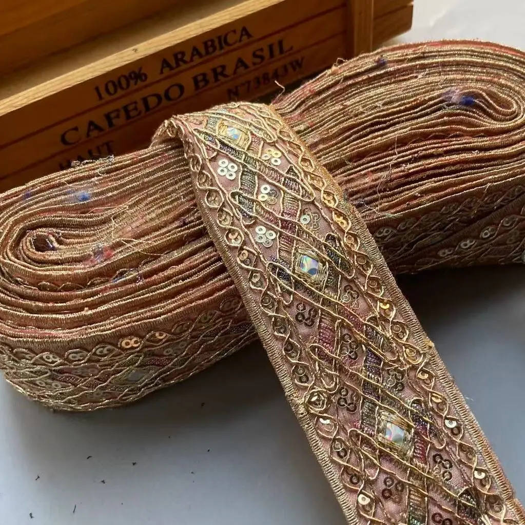 

2 Yards 4.3cm Pink Sequin Embroidery Lace Ribbon DIY Sewing Trims Craft Ethnic Strand Embroidery Clothing Collar Accessories