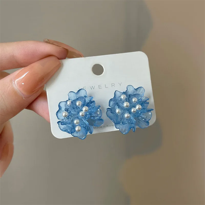 Transparent Klein Blue Camellia Pearl Clip Earrings Female Temperament Korean Style Acrylic Flower Clip on Earrings No Piercing