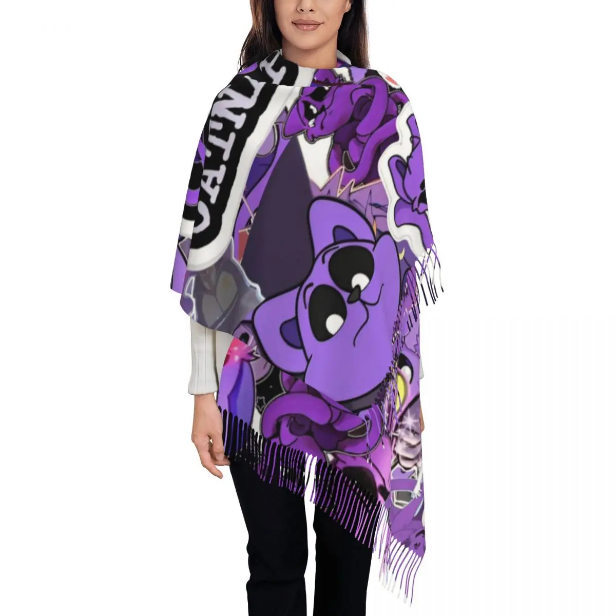 Purple Smiling Critters Cartoon Scarf for Women Fall Winter Pashmina Shawls and Wrap Long Scarves with Tassel for Evening Dress