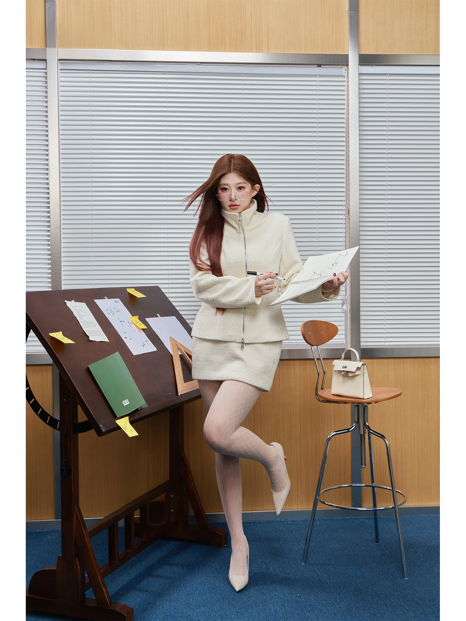 

Zhou Bai Zi Gentle lect Sle Luxury Woven 'Vanilla Ce Pie' Jaet Skirt Set High Waist Spring Casual Faion