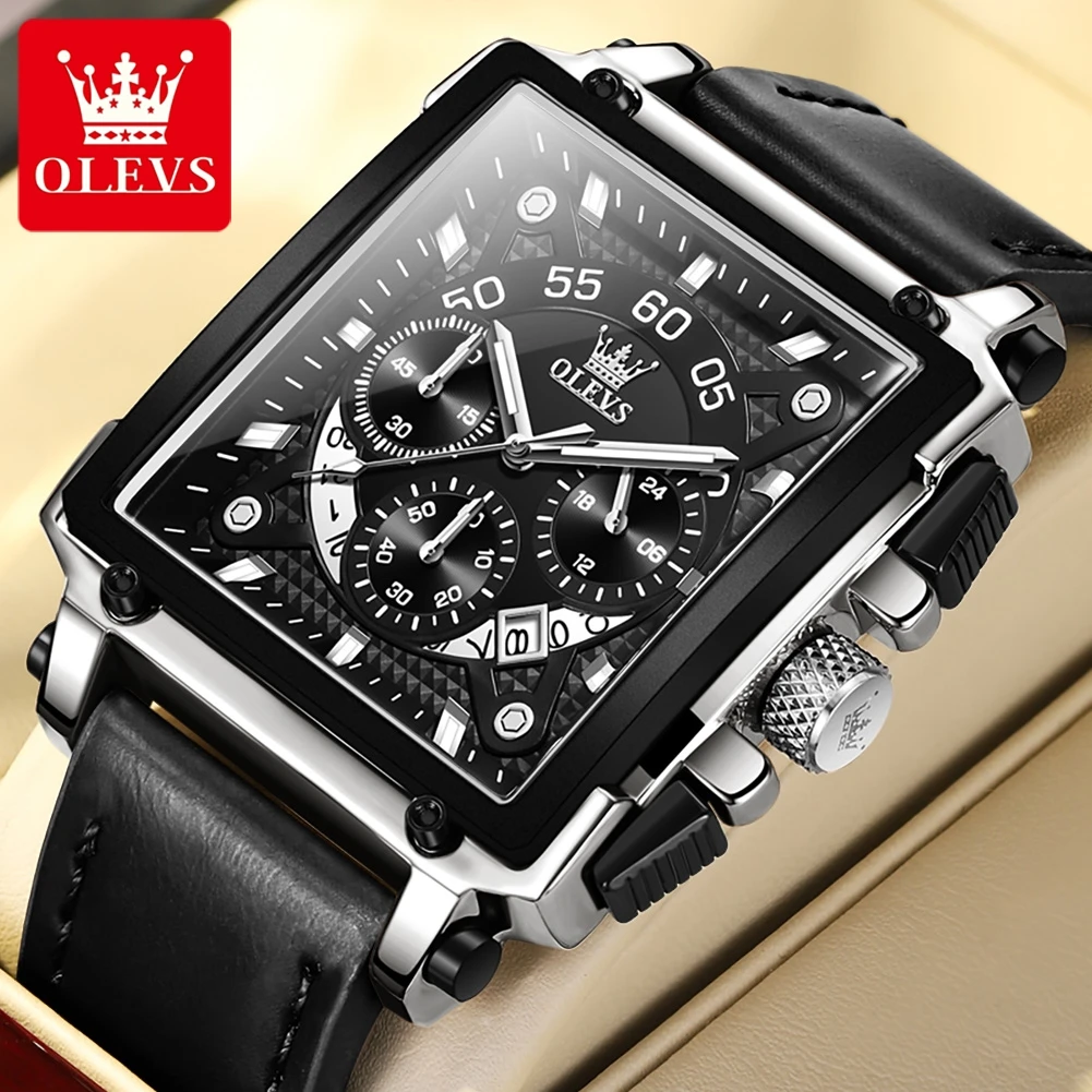 OLEVS 9919 Quartz Watch for Men Chronograph Multifunctional Wristwatch Leather strap Square Big Dial Leisure Sports Mens Watches