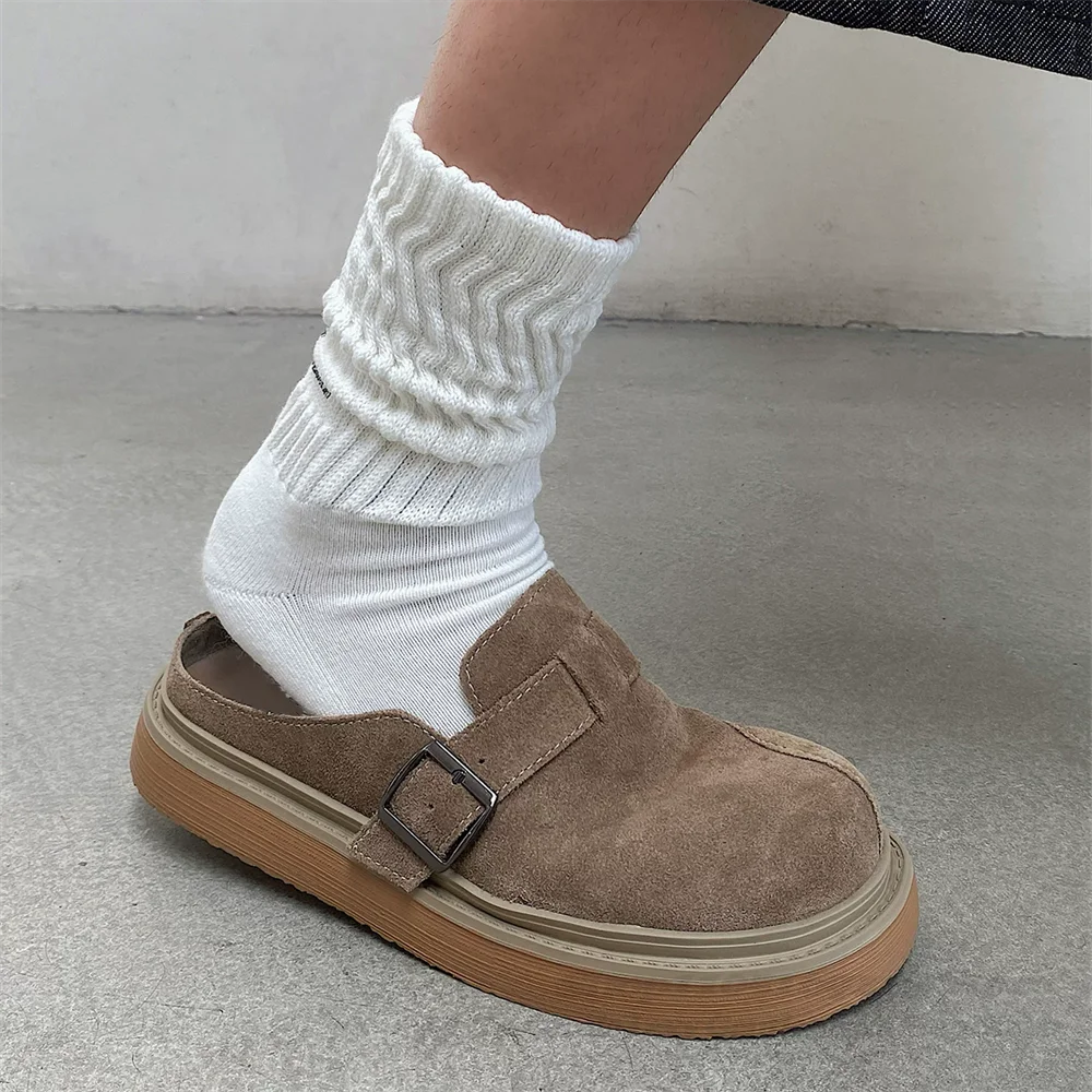 

2026 Summer New Leather Baotou Slippers for Men Round Toe Buckle Strap Slip On Solid Color Anti Slip Mules Summer New Loafers