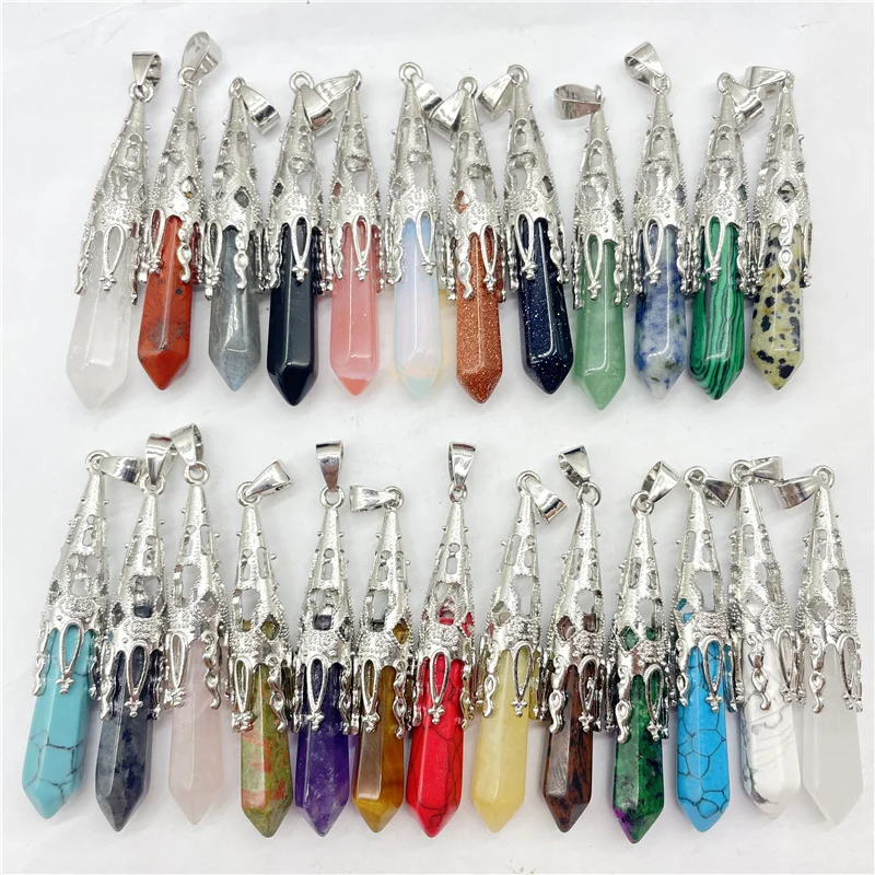 Natural Gem Stone Quartz Crystal Tiger Eye Turquoise Hexagon Pendulum Pendant For DIY Jewelry Making Necklace Accessories 1Pcs