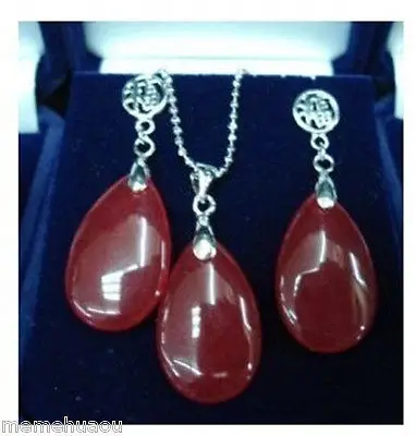 

hot sell new - Natural Set Jewelry red stone teardrop stone pendant earring +Chain AAA style 100% Natural stone Noble Fine jewe