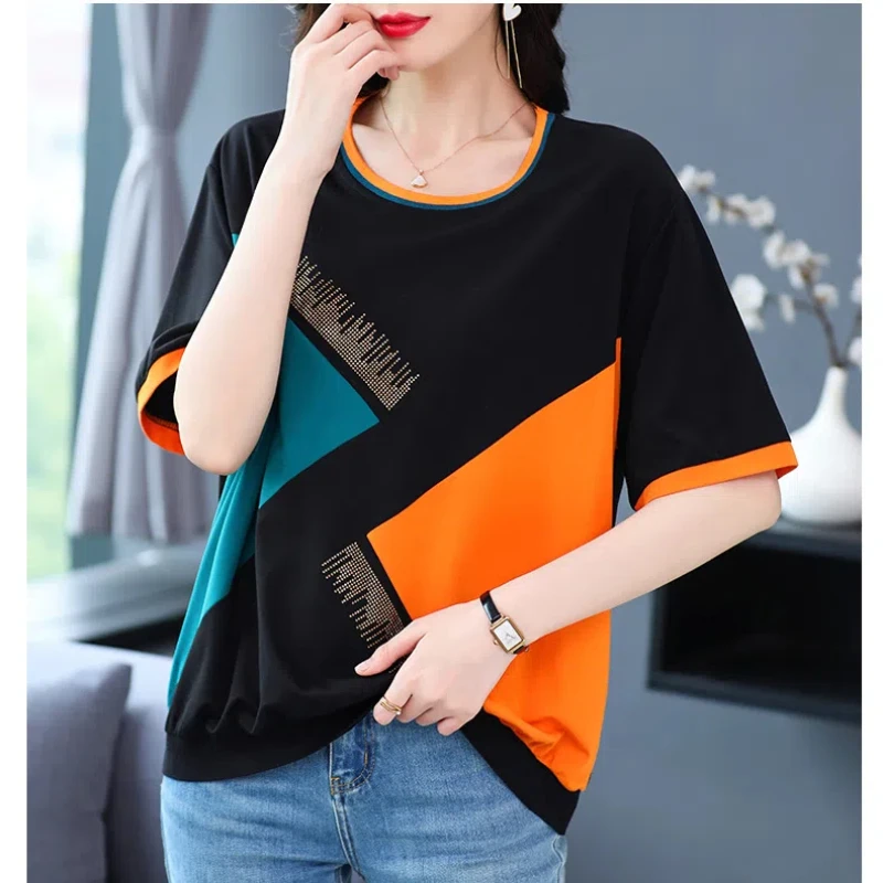 Koreanische Mode Sommer T-Shirts Frauen Kleidung O-Ausschnitt Eis Seide Kontrast farbe Diamanten lässig vielseitig lose Kurzarm Tops