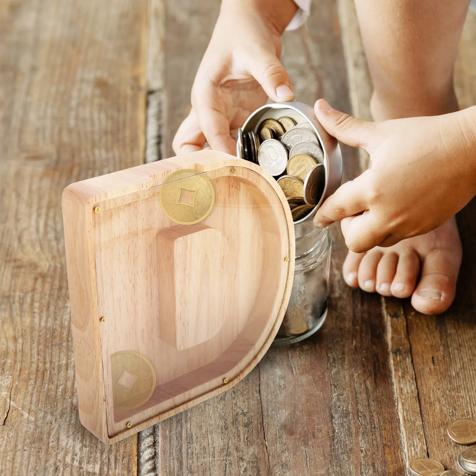 Letter Design Money Bank Craft Made of Solid Wood Transparent Savings Box Educational Coin Holder Desktop Artistic Home