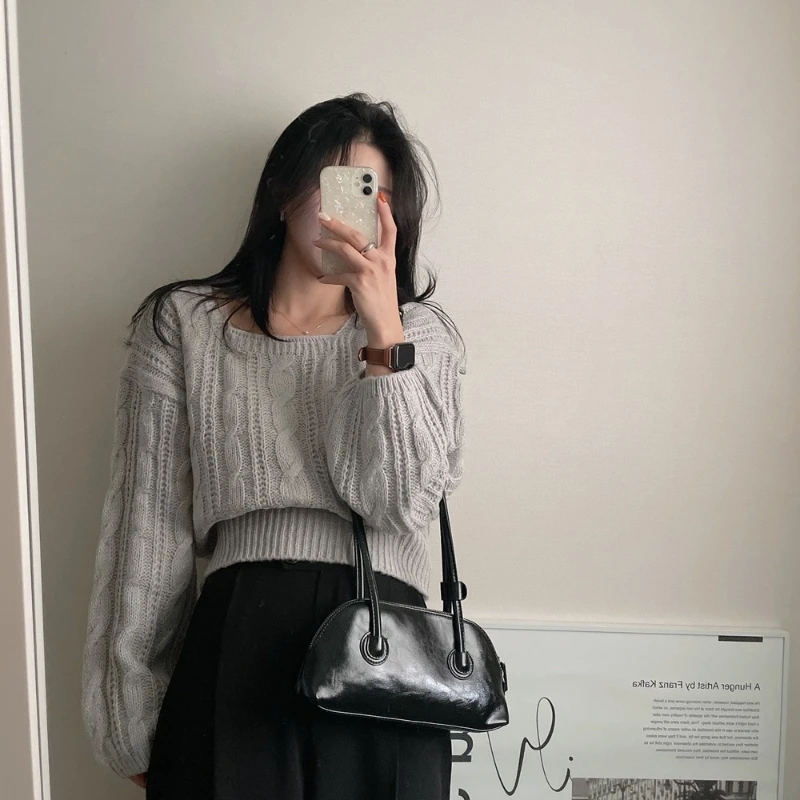 Maglieria con maniche a lanterna da donna nuova autunno/inverno elegante maglione pullover con collo quadrato tinta unita maglione casual a maniche lunghe