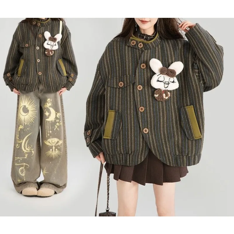 

Padded Cotton Japanese Retro Fashion Thermal Jacket Cotton Clothing Autumn and Winter Design Stand-up Collar Striped Jacket