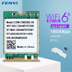 RTL8852BE AX1800 Dual Band 2.4G/5G Wireless WiFi 6 Card Network NGFF M.2 Card 802.11AX BT 5.0 For Laptop/PC Support Windows10/11