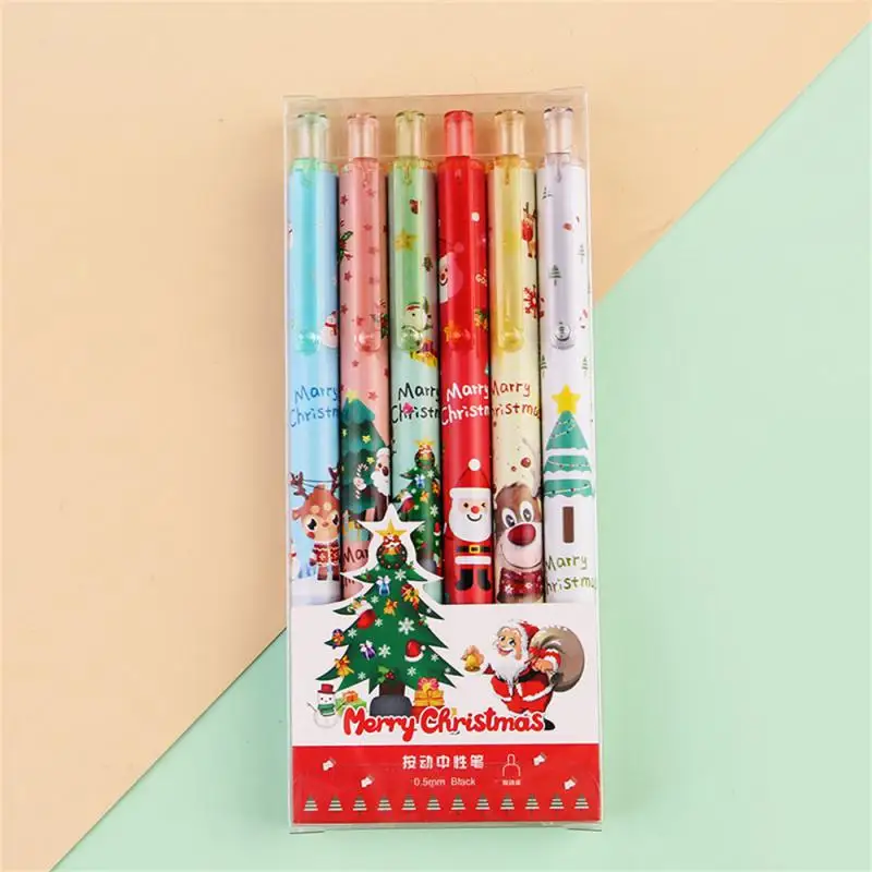 Tema de Natal Imprensa Gel Pen, Tinta Preta, Desenhos Animados Criativos, Escola, Presente do Estudante, Office Signature Pen, Papelaria, 0.5mm, 6Pcs por lote