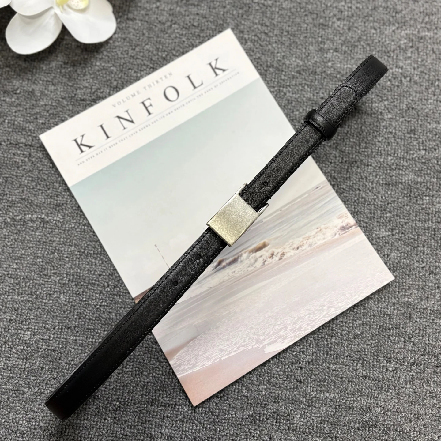 Cow leather ancient silver square buckle thin waist belt for women, black genuine leather small pants belt, simple soft leather