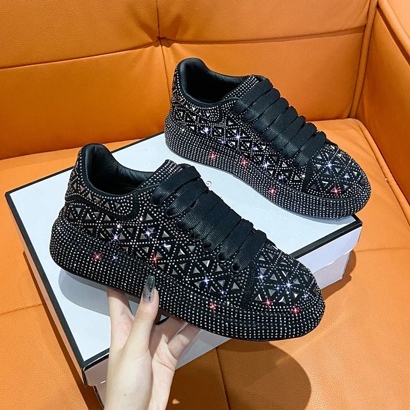 Luxury bling bling Women Platform Crystal Shoes Girls rhinestones Thick-soled White Silver Shining Trend Sneakers Loafers Autumn