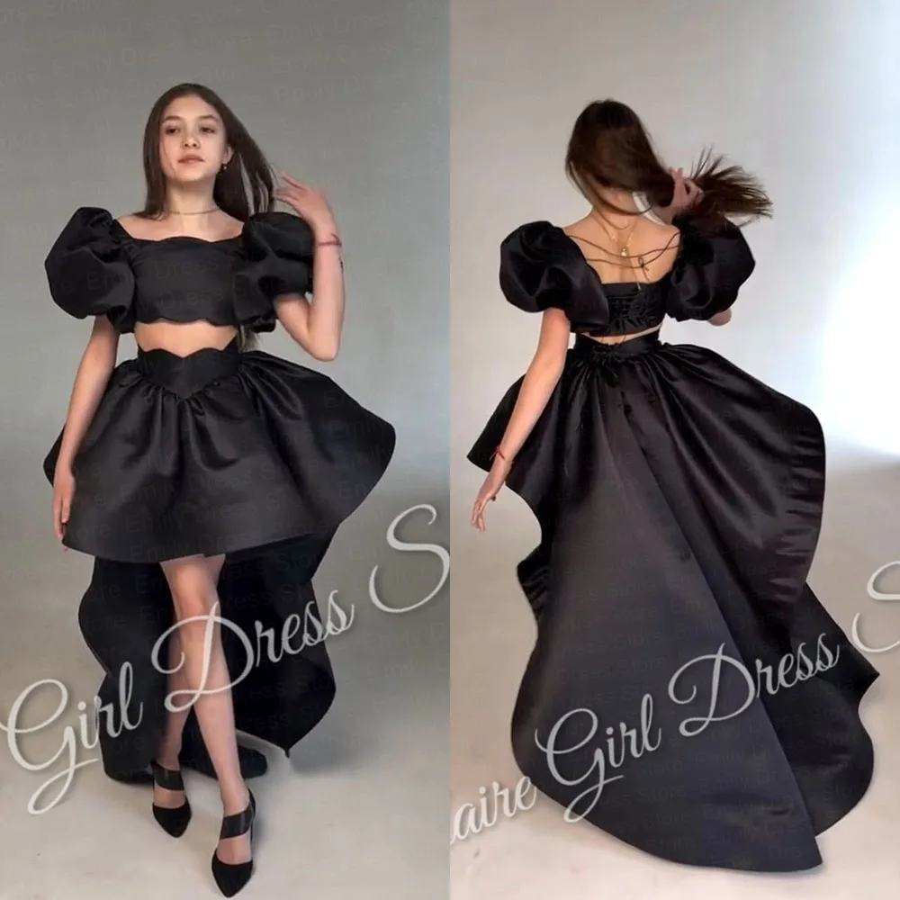 Customized Black Flower Girl Dress For Wedding Satin 2pc Set With Tail Puffy Princess Kids Birthday First Communion Ball Gown