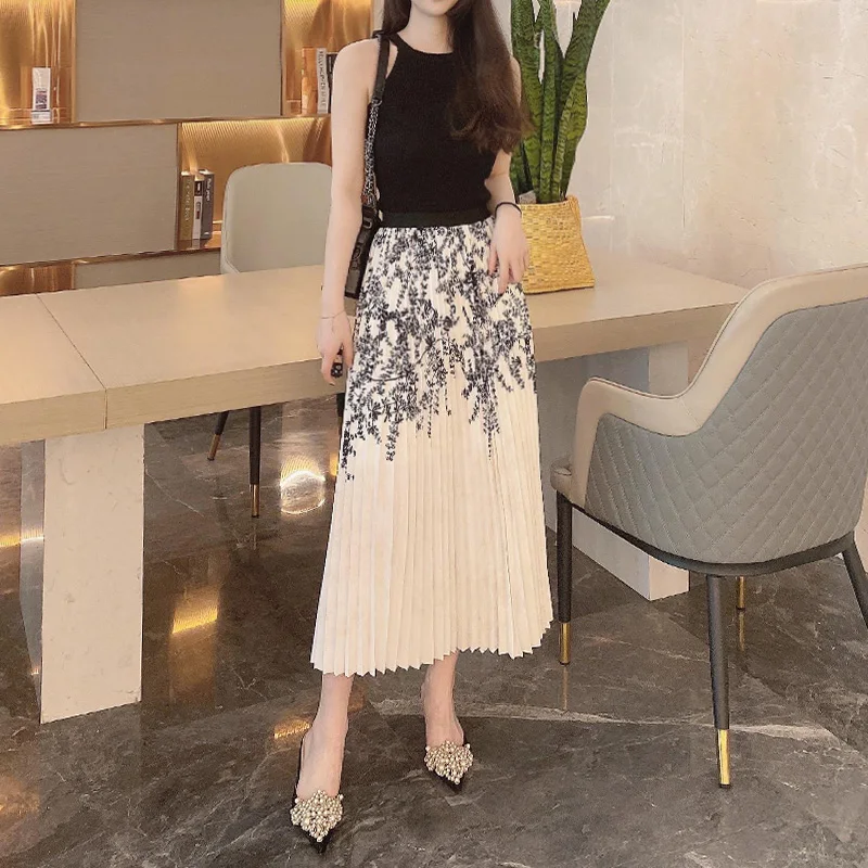 Autumn Printed Skirt Women New High Waist Vine Floral Drape Midi Skirt Literary Lady Medium Length Pleated Skirt