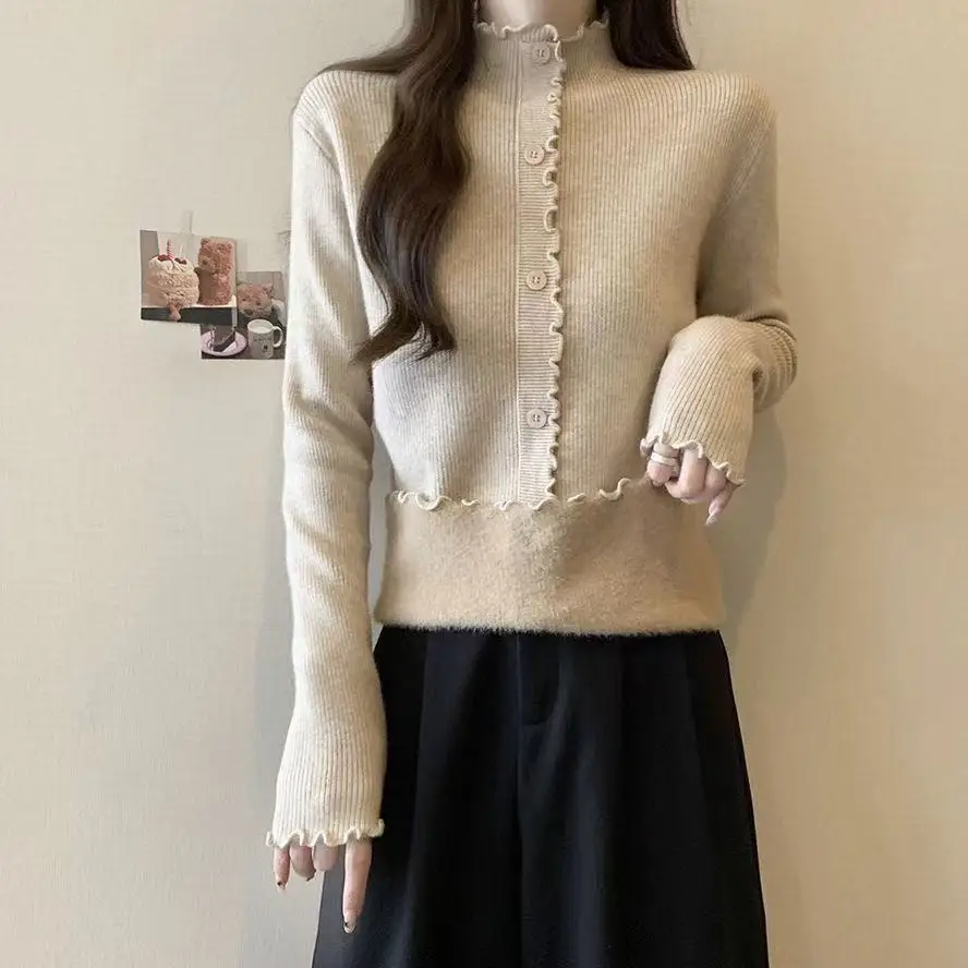 Women's Knitted Ear Mushroom Top Non-Ball Winter Autumn High-End Guangzhou Thirteenth Factory Knitwear Commute Style Long Sleeve