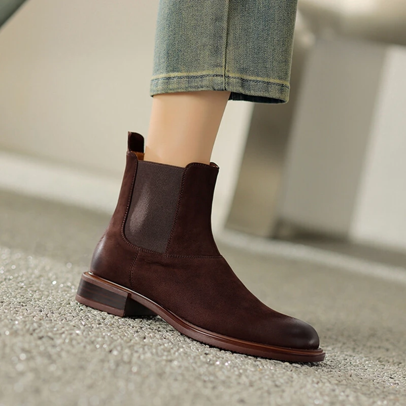 NEW Autumn/Winter Women Boots Round Toe Low Heel Chelsea Boots Genuine Leather Shoes for Women Retro Ankle Boots botas de mujer