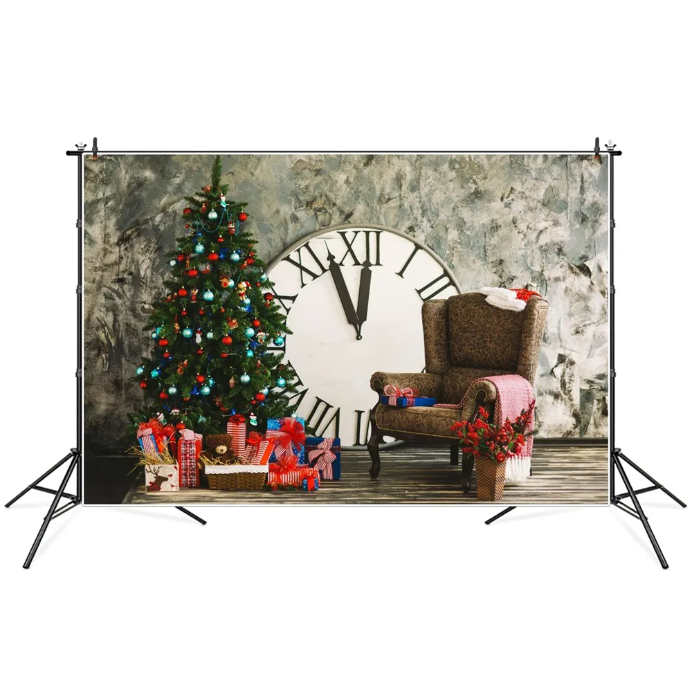 Christmas Tree Gift Clock Sofa Interior Scene Photography Backgrounds Custom Baby Party Decoration Photo Booth Backdrops Props