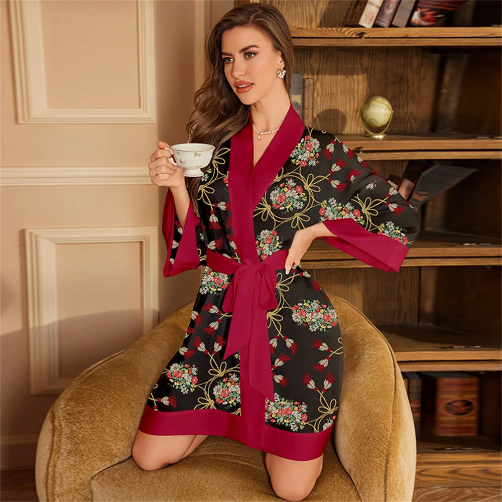 Kimono Robe Women Wedding Bride Bathrobe Sexy Flower Morning Gown Elegant Sleepwear Nightgown