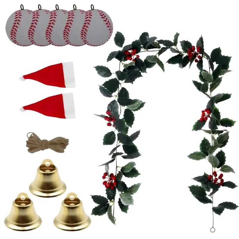 

Christmas Greenery Artificial Front Door Decorations With Santa Hat Bells Balls Ornaments 175cm/5.7ft Garland Craft Kit Red Berr