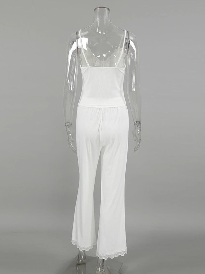 Marthaqiqi Lace Women Sleepwear Set Sexy V-Neck Pajamas Tank Tops Nightwear Crop Top Nightgowns Pants Casual Home Clothes Ladies