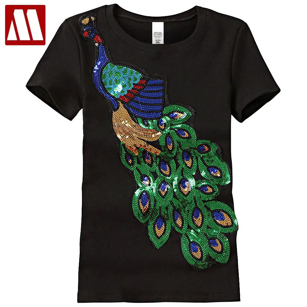 

Women's Cotton T Shirts Short Sleeve Peacock Sequins Top For Women Chic Embroidery Pullover Unisex Streetwear Ladies Summer Tees